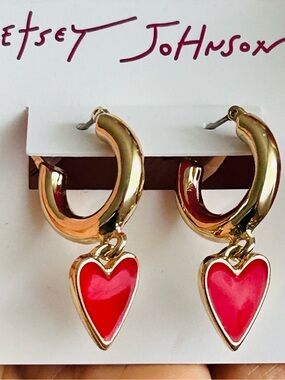 Betsey Johnson Gold Hoop Earrings with Red Heart Drops